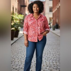 J. Jill Women's Plus Size 2X Red Floral Button Down Long Sleeved Blouse Lady 2X